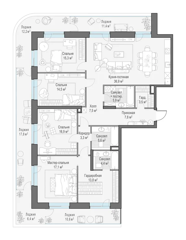 4-комнатная квартира, 183.2 м²