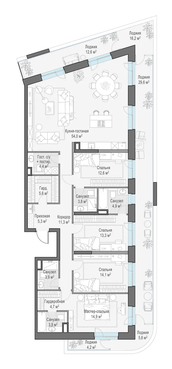 5-комнатная квартира, 185.9 м²