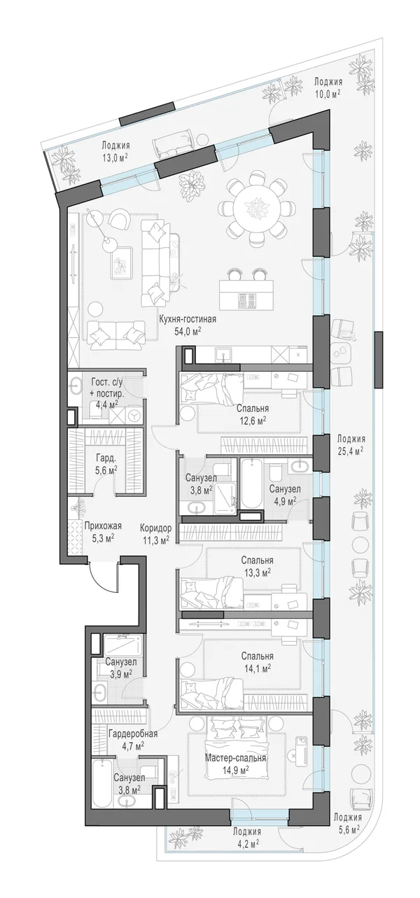 5-комнатная квартира, 186.1 м²