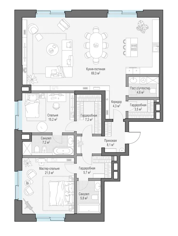 4-комнатная резиденция, 157.2 м²