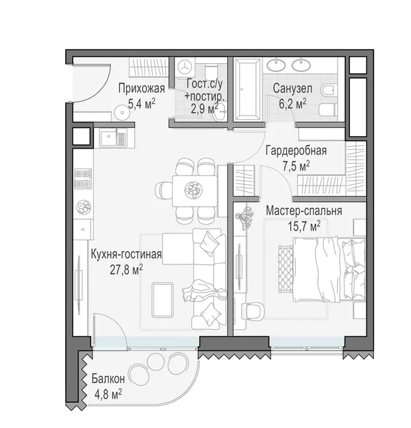 1-комнатная квартира, 66.8 м²