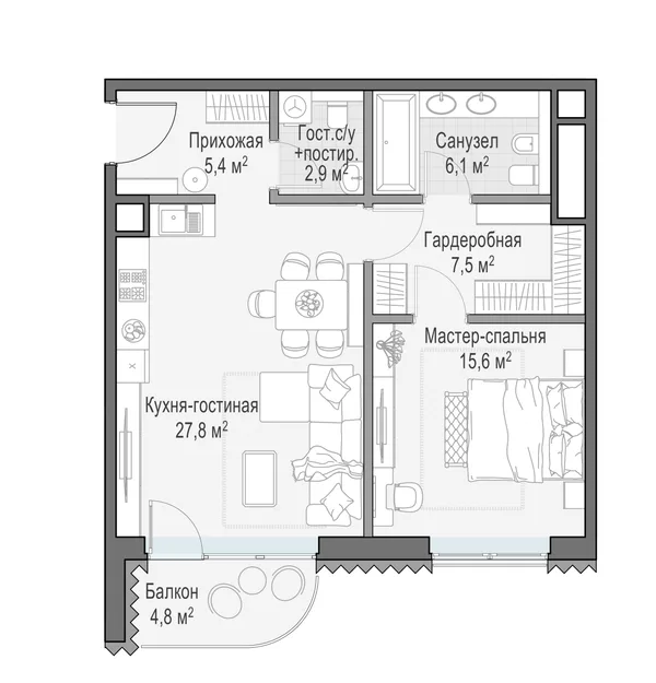 1-комнатная квартира, 66.4 м²