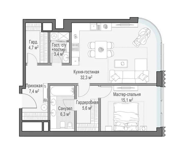 1-комнатная квартира, 74.9 м²
