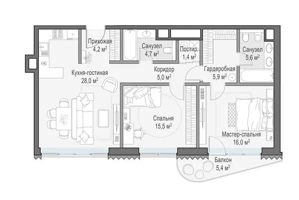 2-комнатная квартира, 88.2 м²