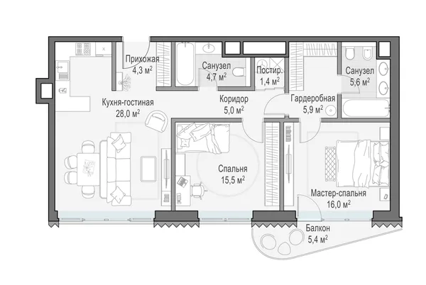 2-комнатная квартира, 88.2 м²