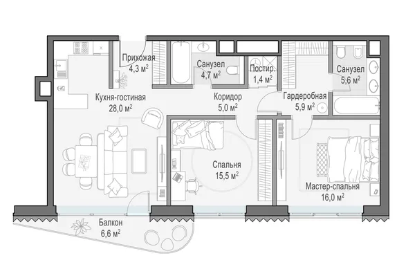 2-комнатная квартира, 88.6 м²