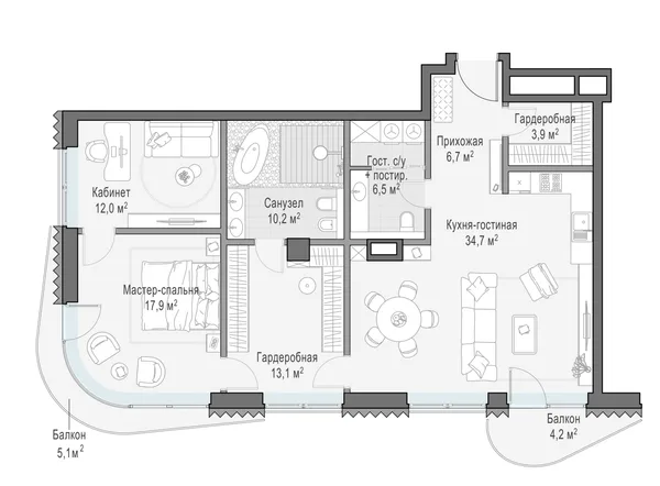 2-комнатная квартира, 106.8 м²