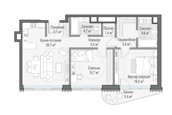 2-комнатная квартира, 85.9 м²
