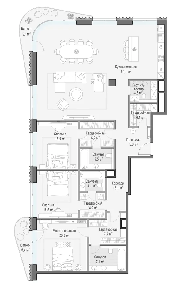 3-комнатная квартира, 206.2 м²