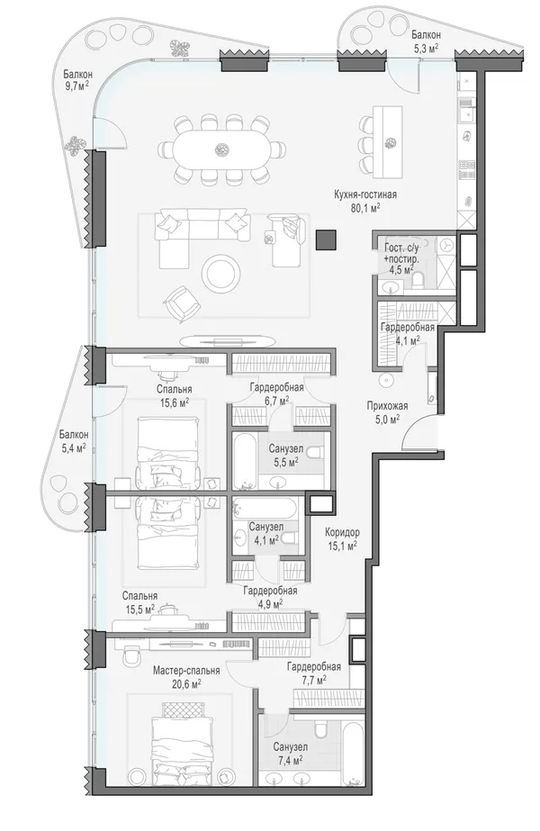 3-комнатная квартира, 208 м²