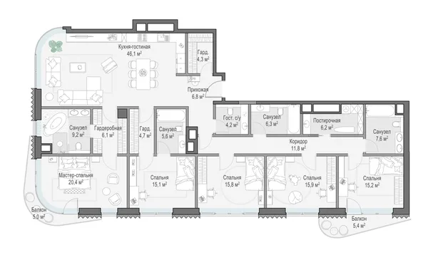 4-комнатная квартира, 204.8 м²