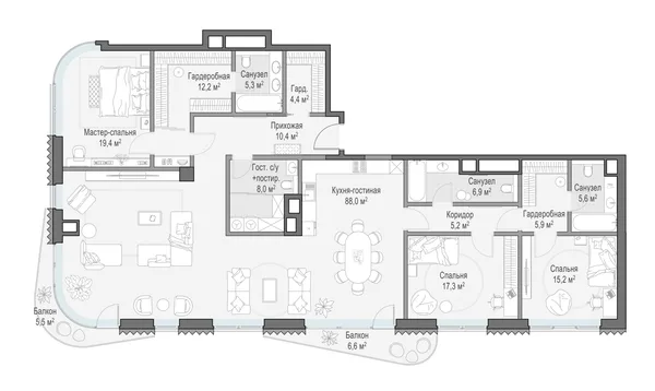4-комнатная квартира, 205.4 м²