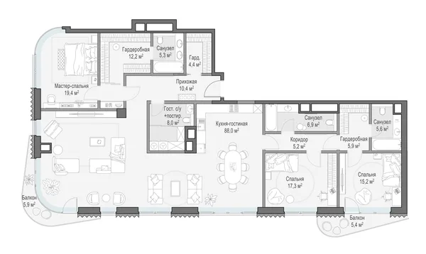 4-комнатная квартира, 205 м²