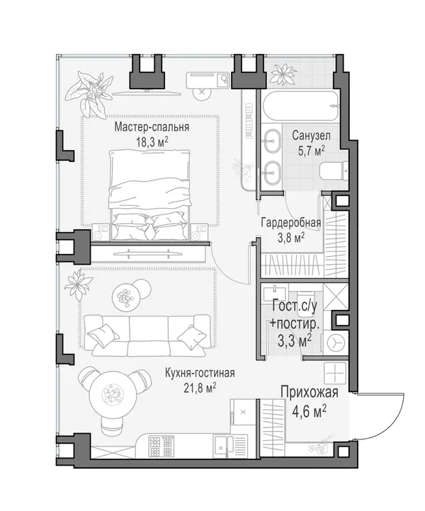 2-комнатная квартира, 55.9 м²