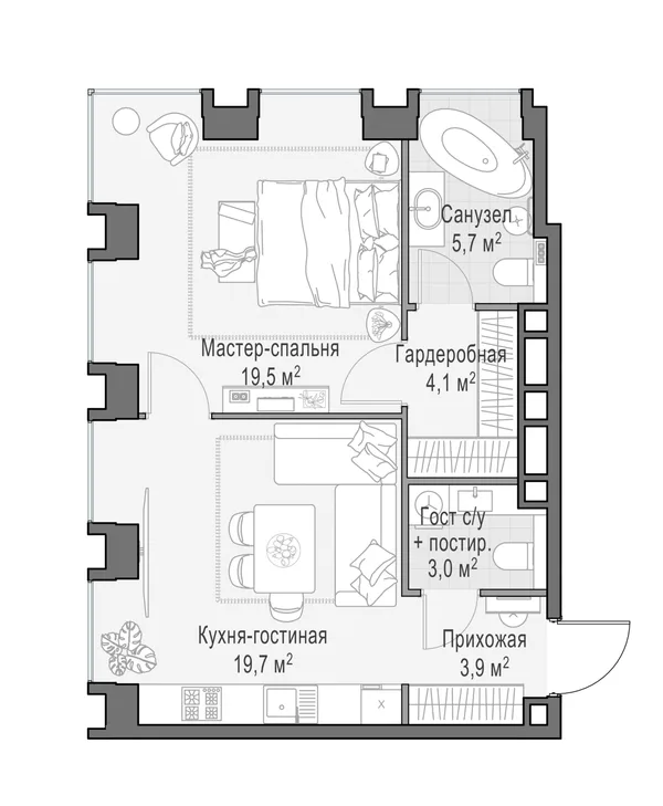 2-комнатная квартира, 56.2 м²