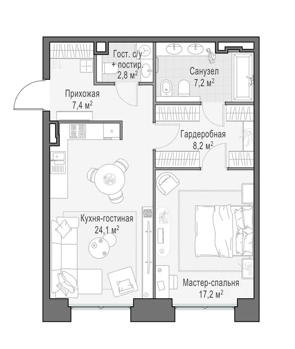 2-комнатная квартира, 67.5 м²