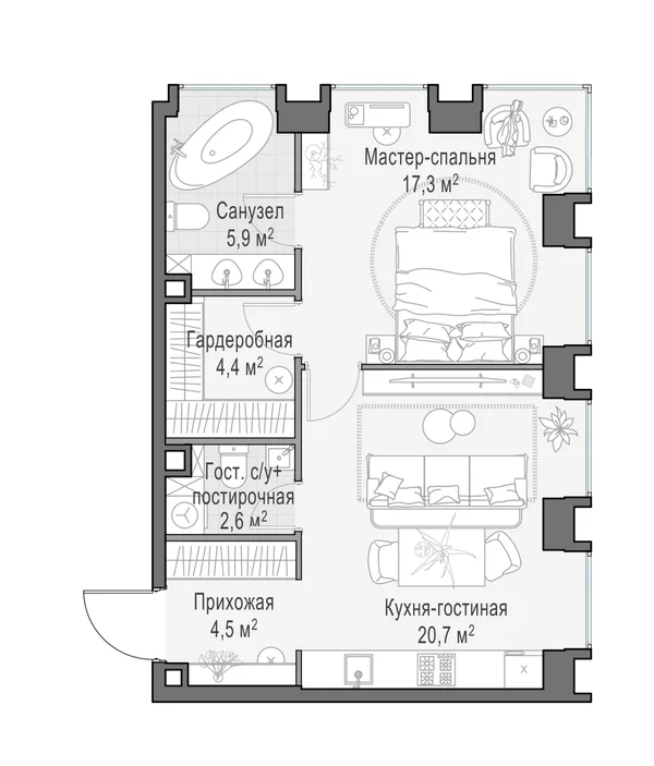 2-комнатная квартира, 56 м²