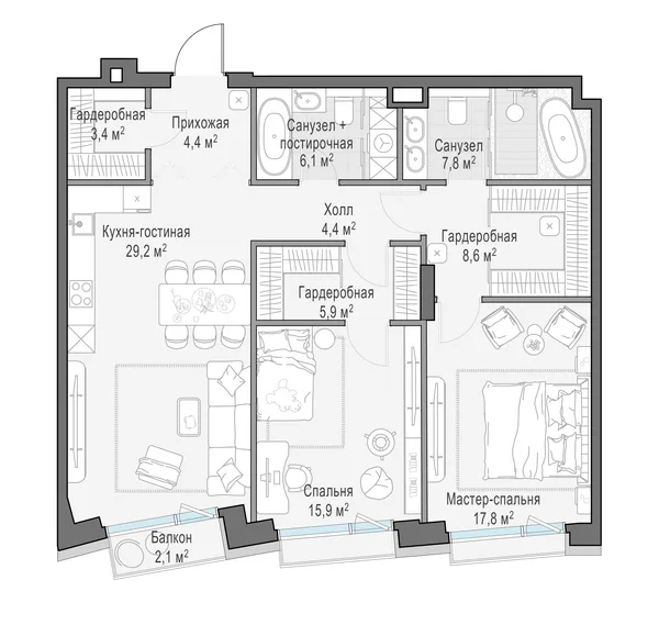 2-комнатная квартира, 104 м²
