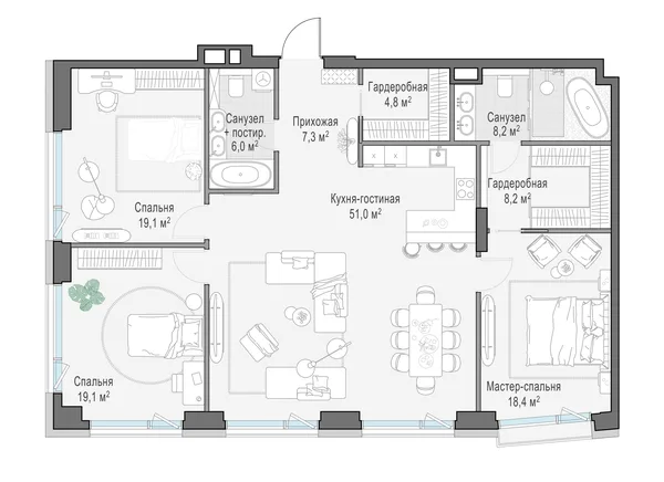 3-комнатная квартира, 140.7 м²