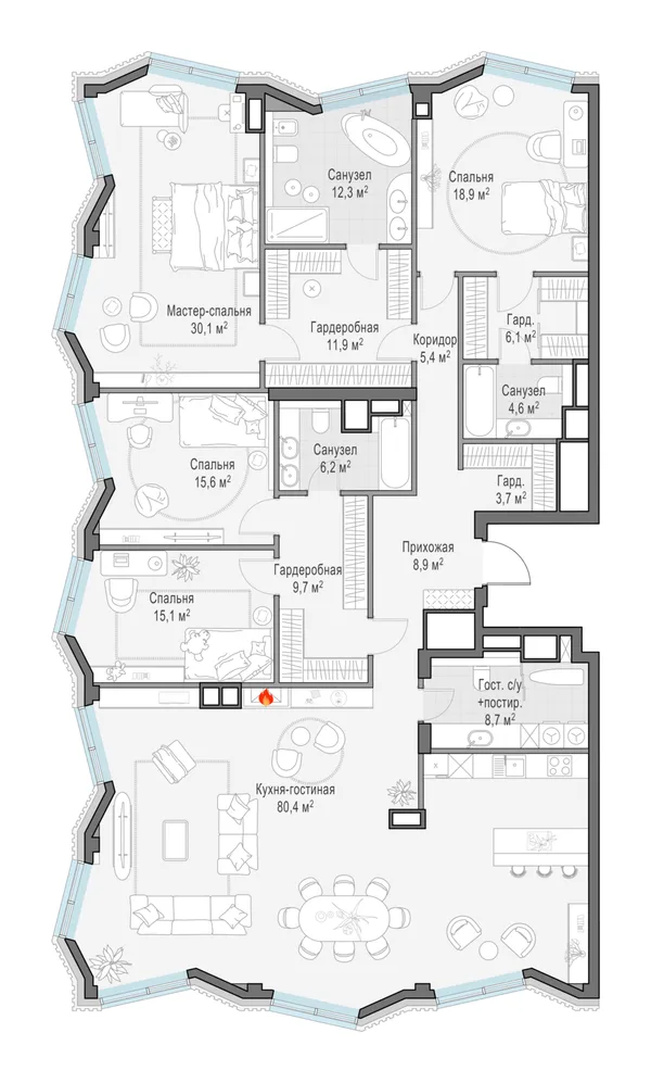 5-комнатная квартира, 236 м²