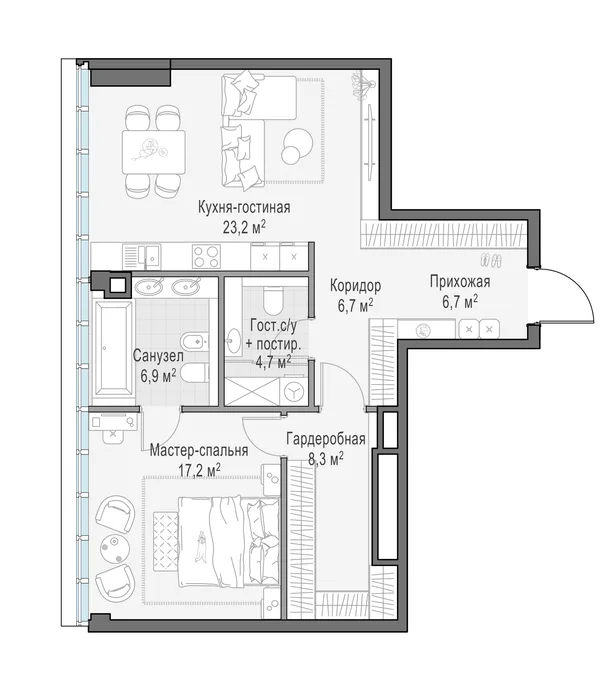 1-комнатная квартира, 73.7 м²