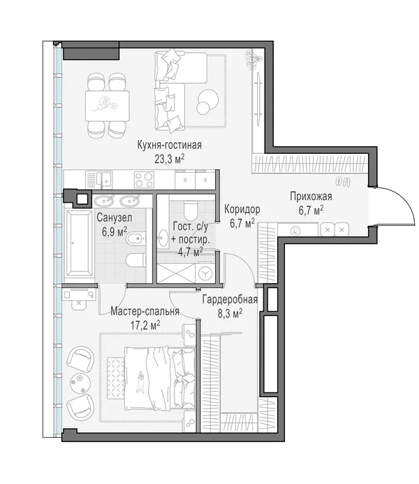 1-комнатная квартира, 73.8 м²