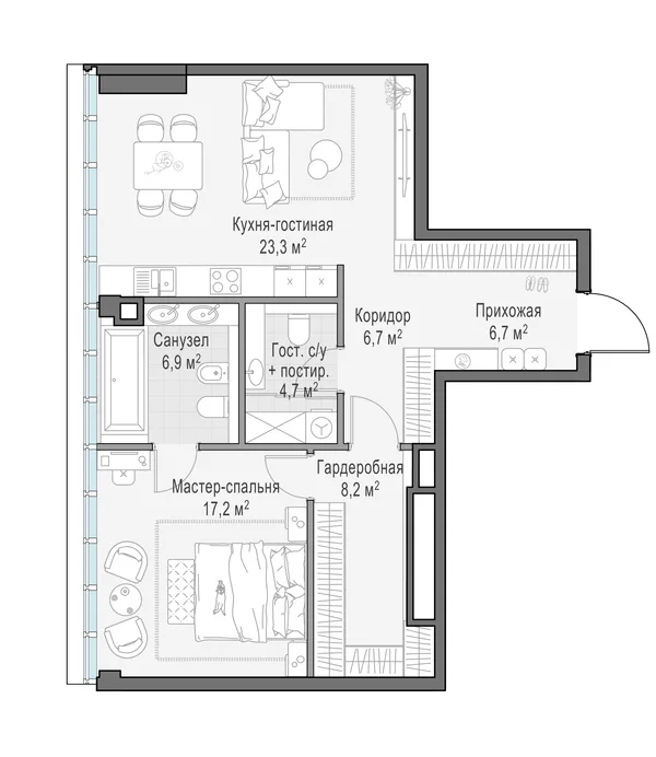 1-комнатная квартира, 73.6 м²