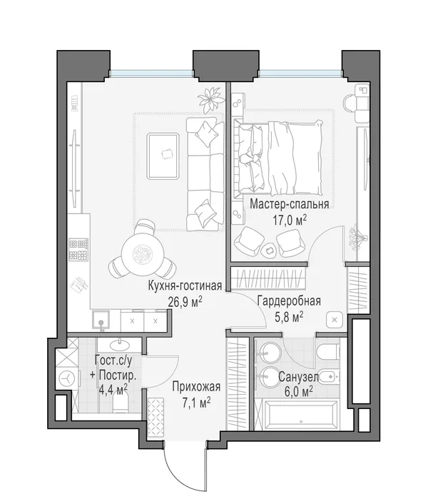 1-комнатная квартира, 67.2 м²