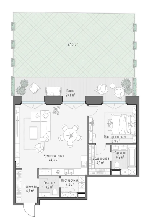 1-комнатный ситихаус, 88.7 м²