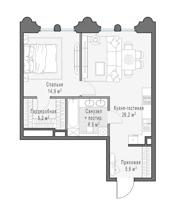 1-комнатная квартира, 58.7 м²
