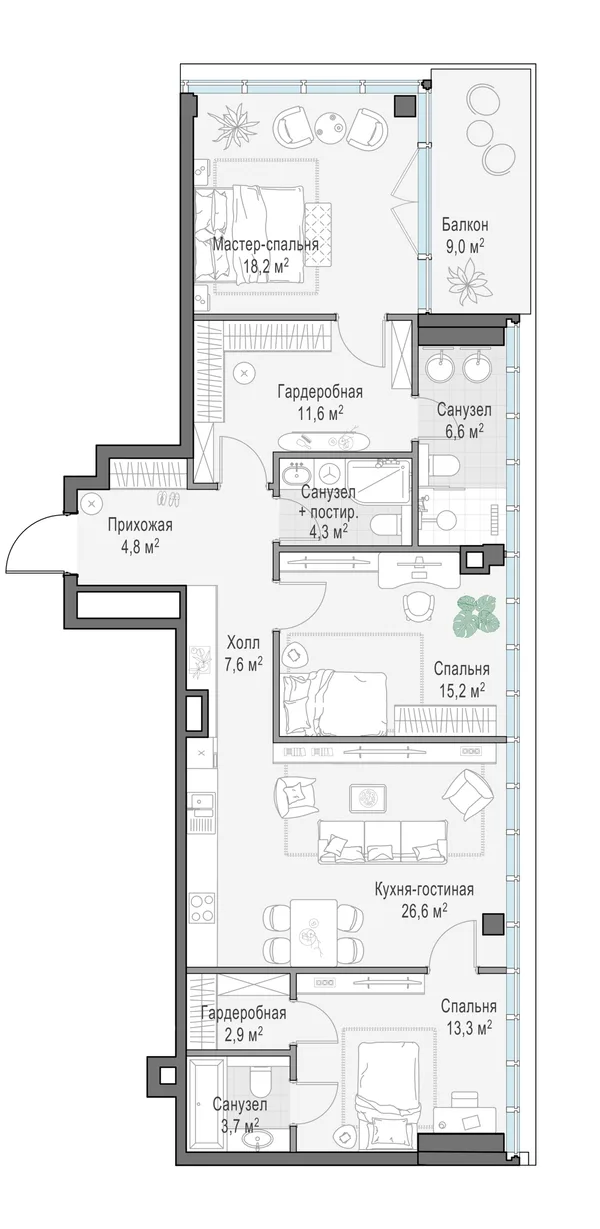 2-комнатная квартира, 118.7 м²