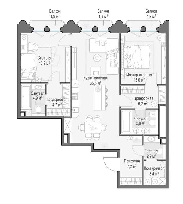 2-комнатная квартира, 103.4 м²