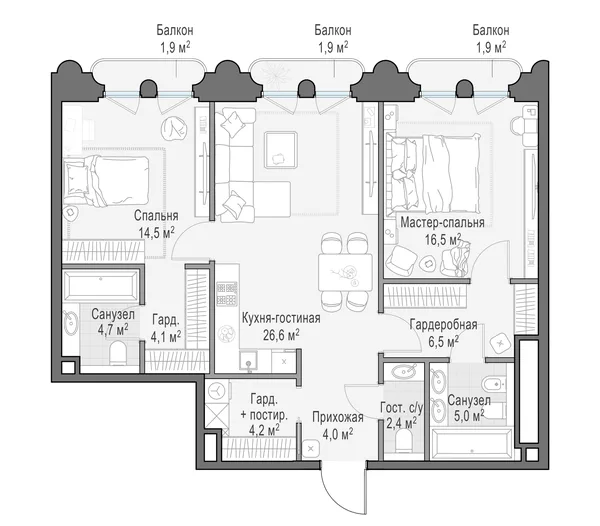 2-комнатная квартира, 90.4 м²