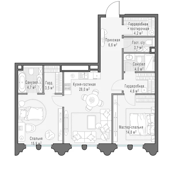 2-комнатная квартира, 89.9 м²