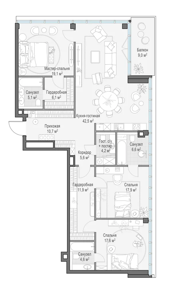 3-комнатная квартира, 154.9 м²
