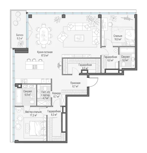 3-комнатная квартира, 157.4 м²