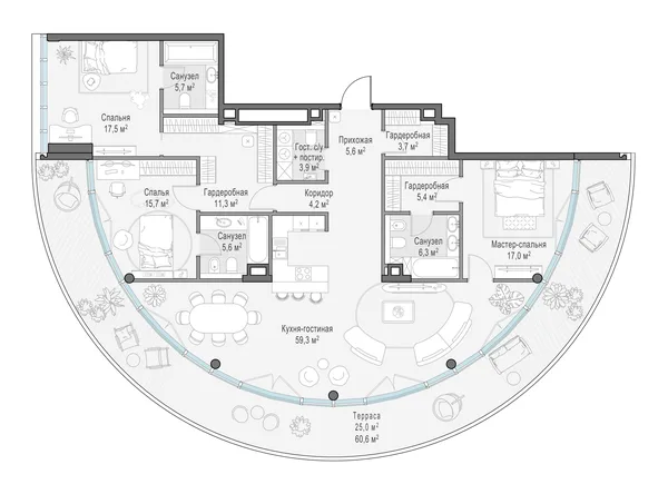 3-комнатная квартира, 168 м²