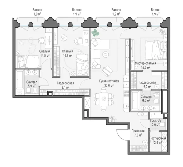 3-комнатная квартира, 125 м²