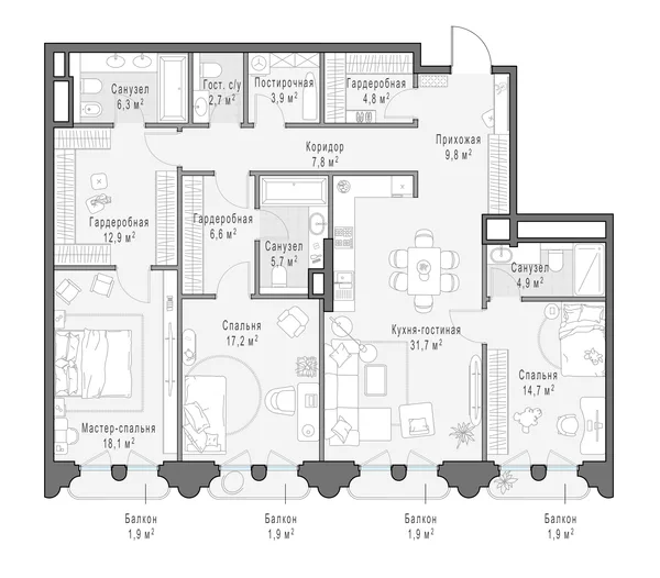 3-комнатная квартира, 149.5 м²