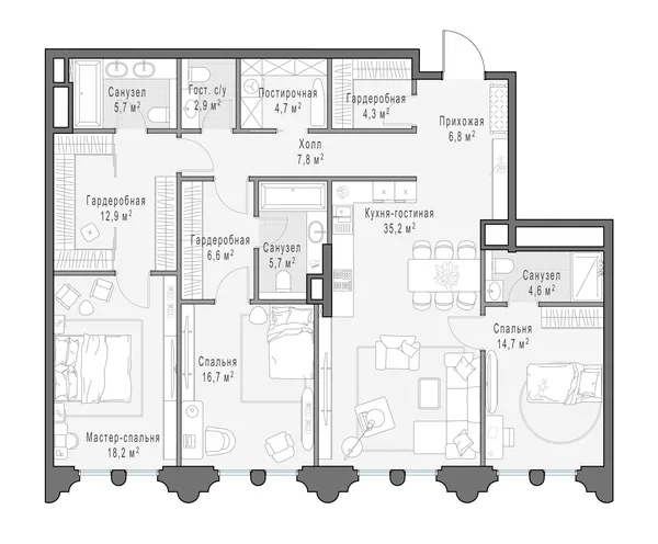3-комнатная квартира, 147 м²