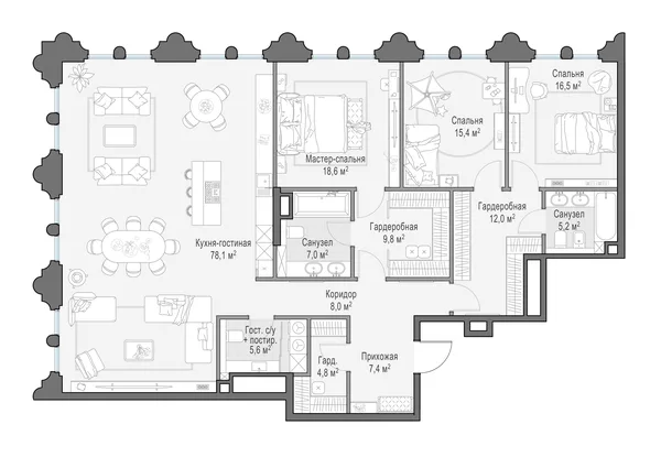 4-комнатная квартира, 186.9 м²