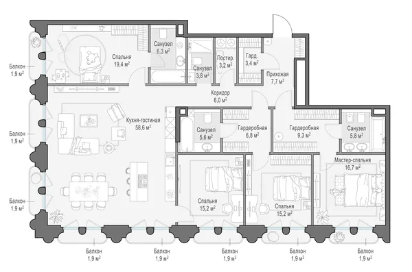 4-комнатная квартира, 186.8 м²