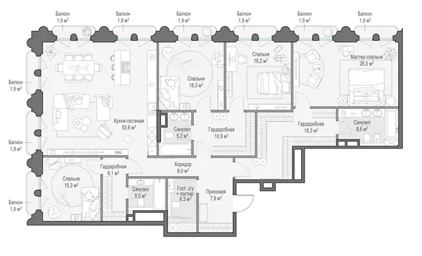 4-комнатная квартира, 215 м²