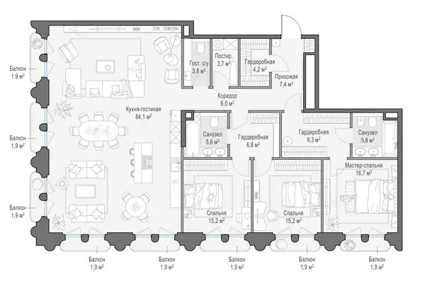 4-комнатная квартира, 186.7 м²