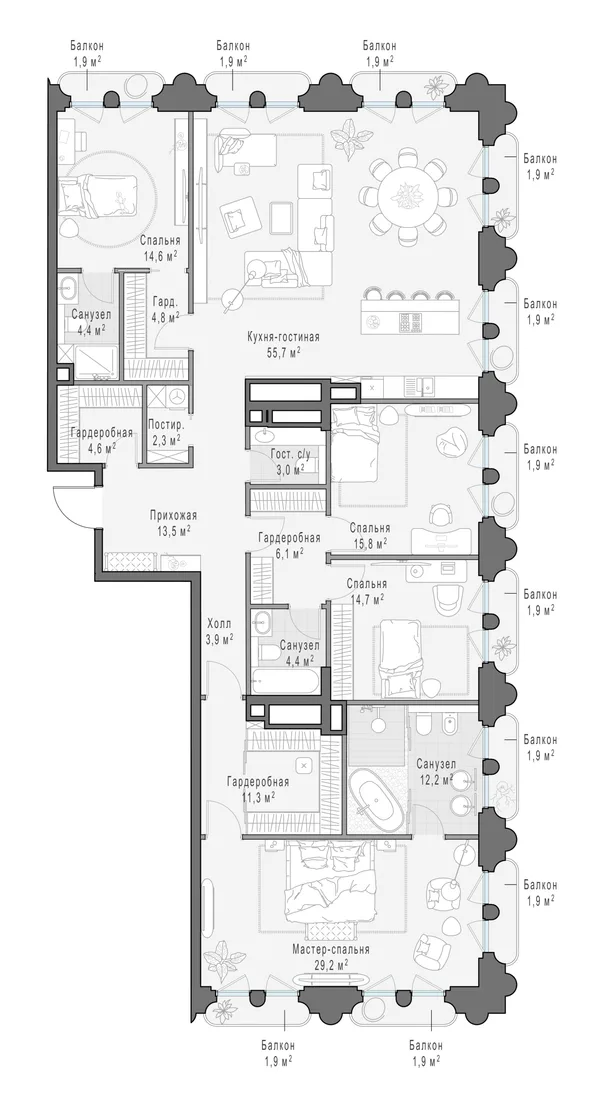 4-комнатная квартира, 206.6 м²