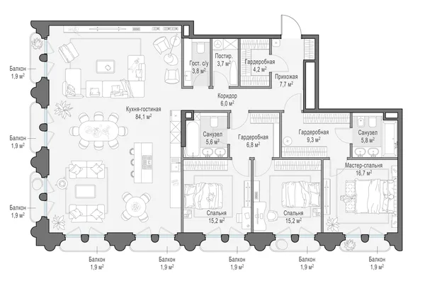 5-комнатная квартира, 186.8 м²
