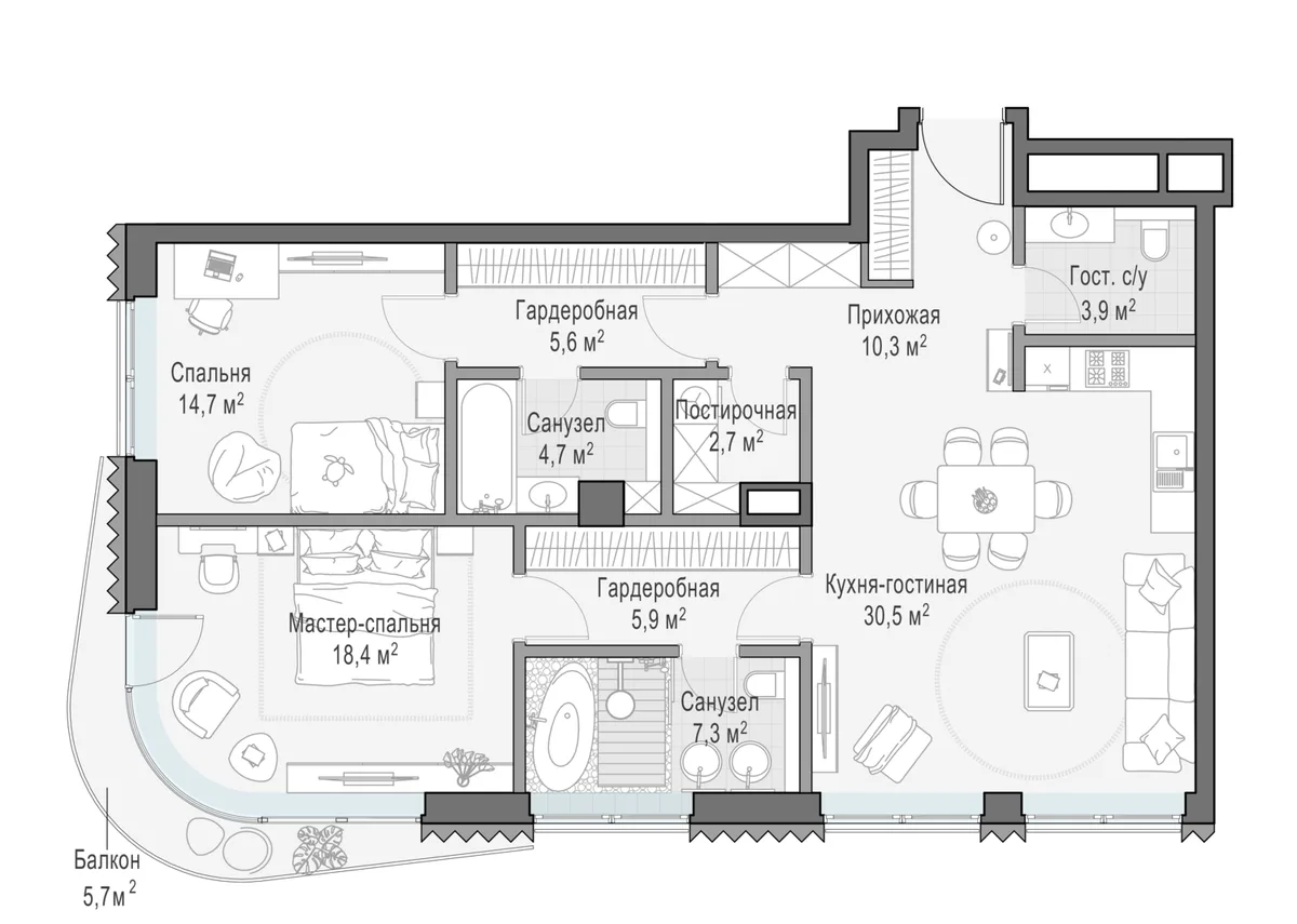 2-комнатная квартира 105,7 м² в ЖК «Лаврушинский» — планировки 2