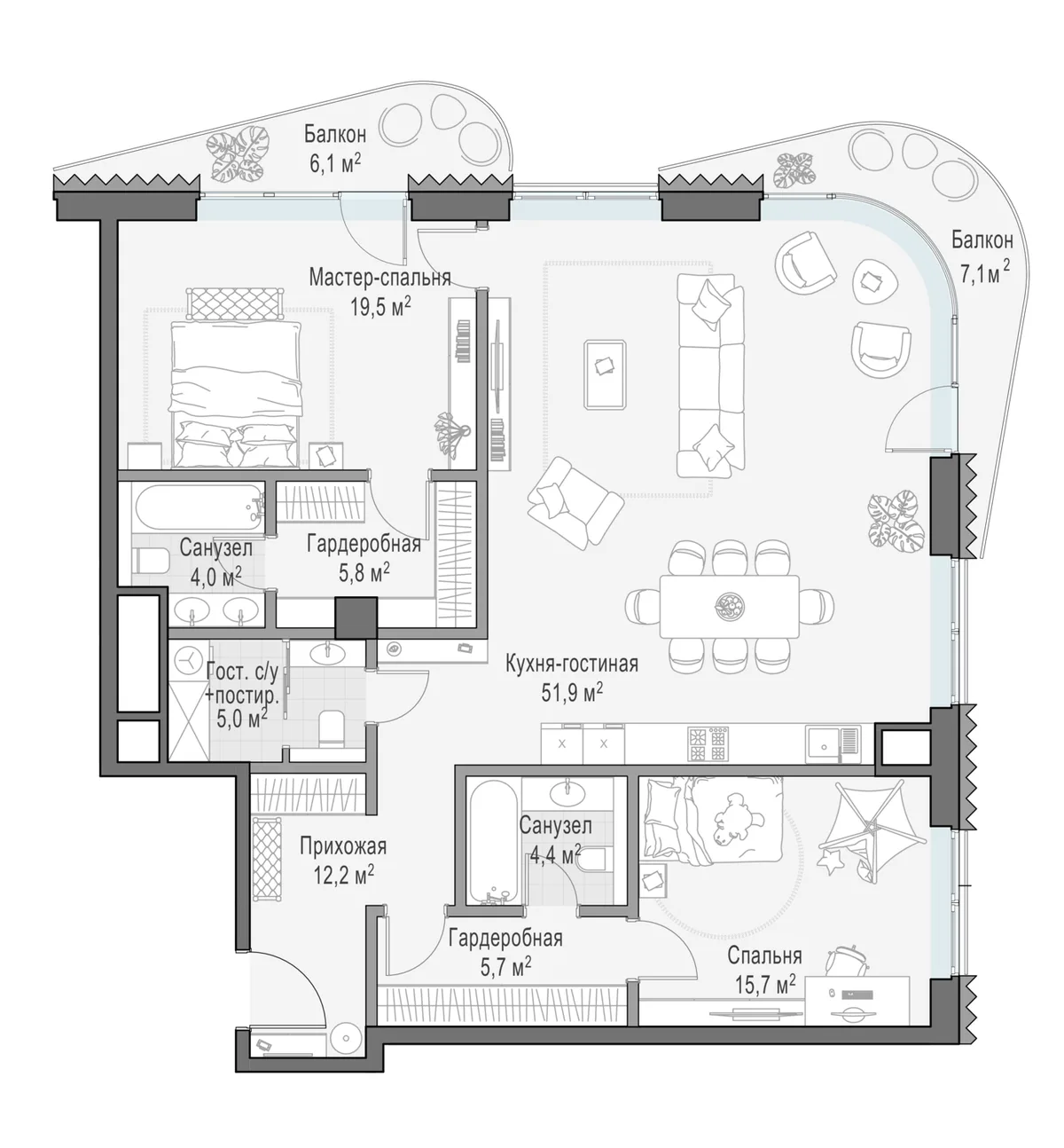 2-комнатная квартира 128 м² в ЖК «Лаврушинский» — планировки 1