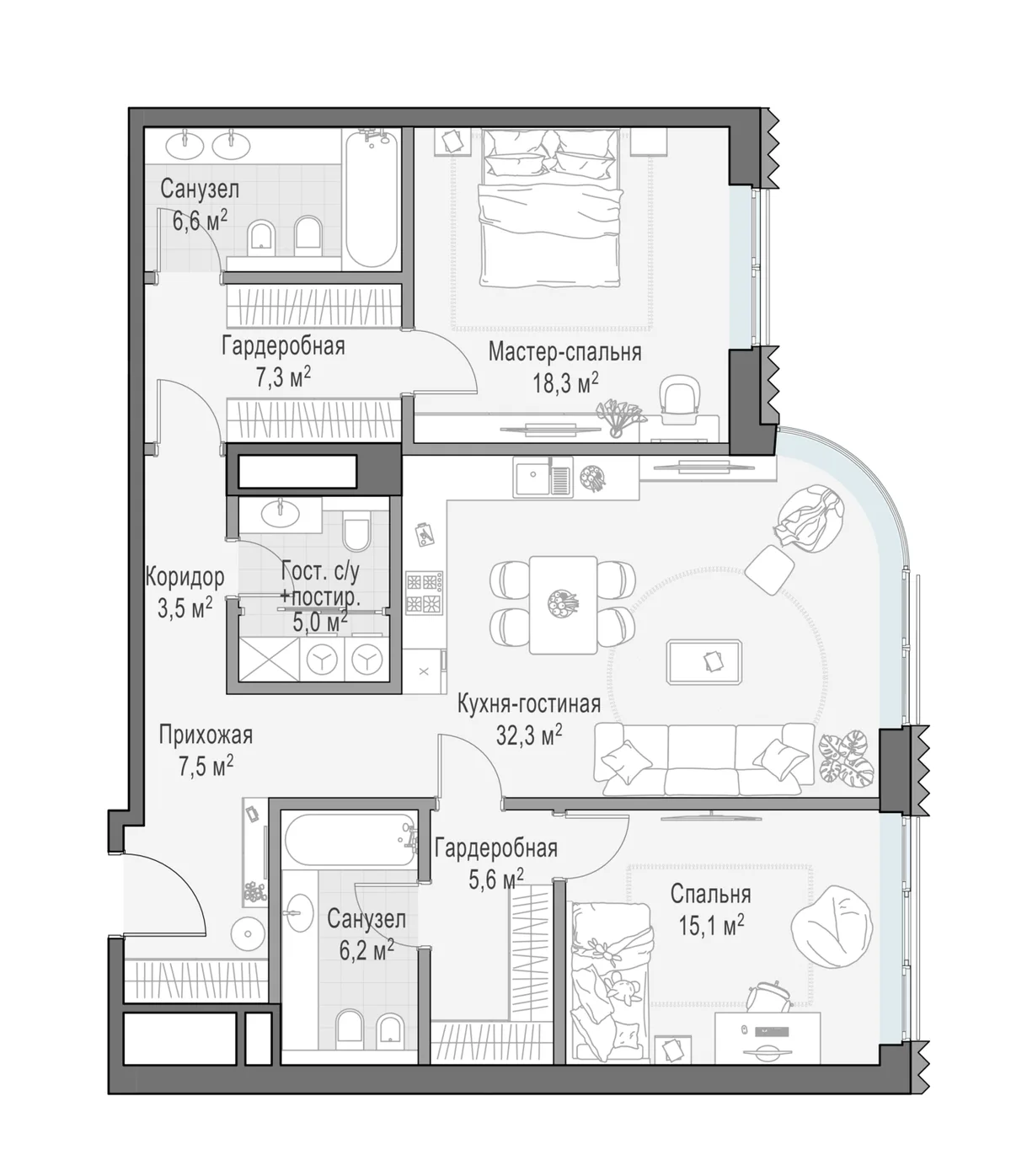 2-комнатная квартира 107,6 м² в ЖК «Лаврушинский» — планировки 2