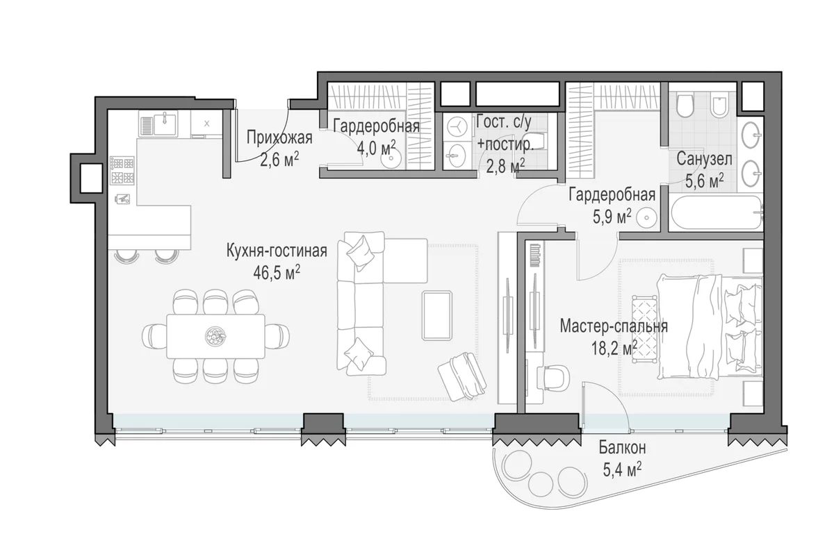 2-комнатная квартира 85,9 м² в ЖК «Лаврушинский» — планировки 2